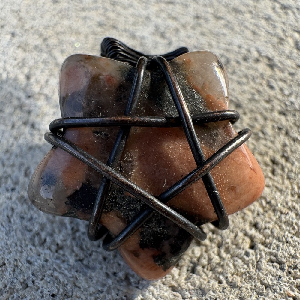 Handmade Wire Wrapped Star Pentagram Stone Pendant Peach Black Copper